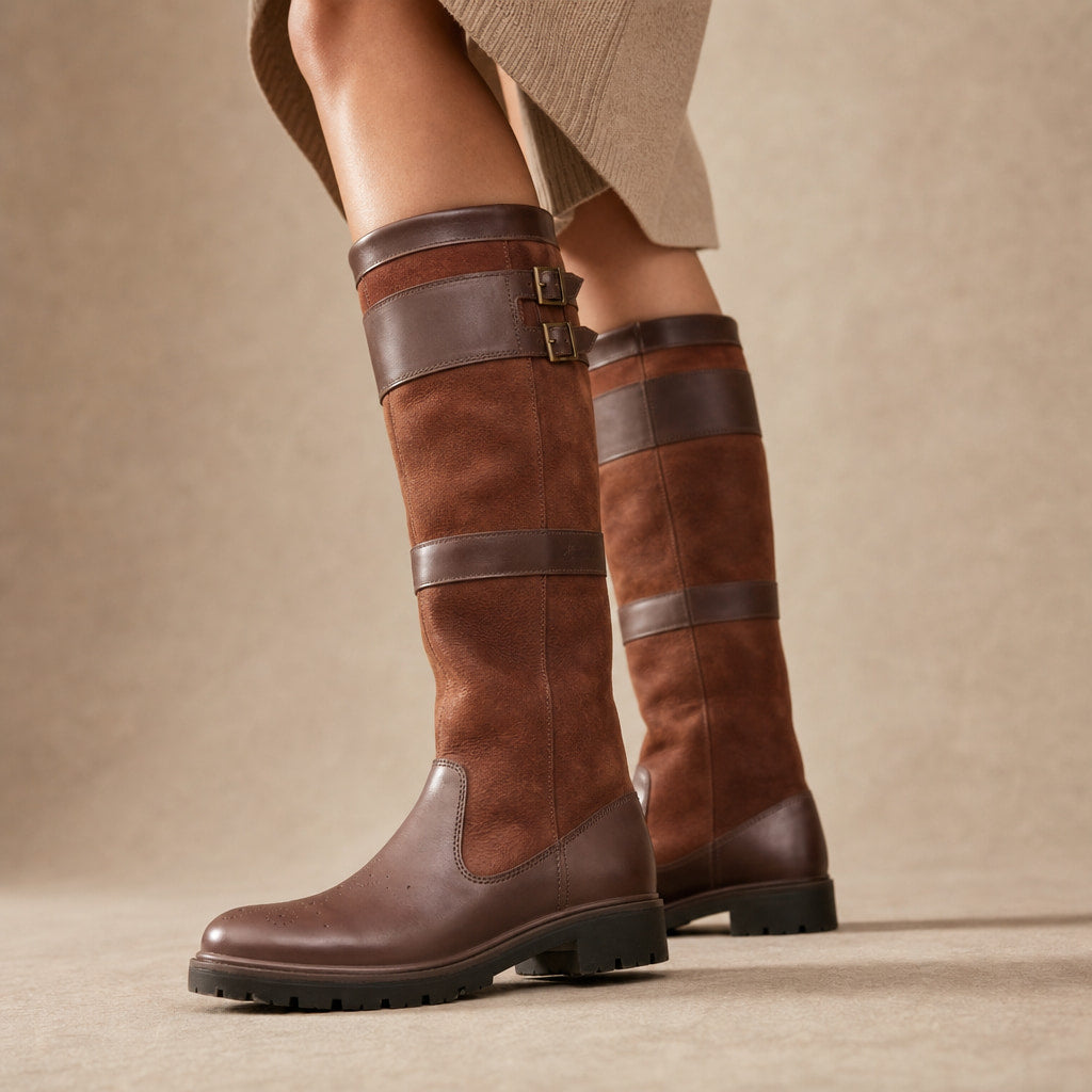Mariela Water Resistant Buckled Knee High Boots Brown – Product Photo