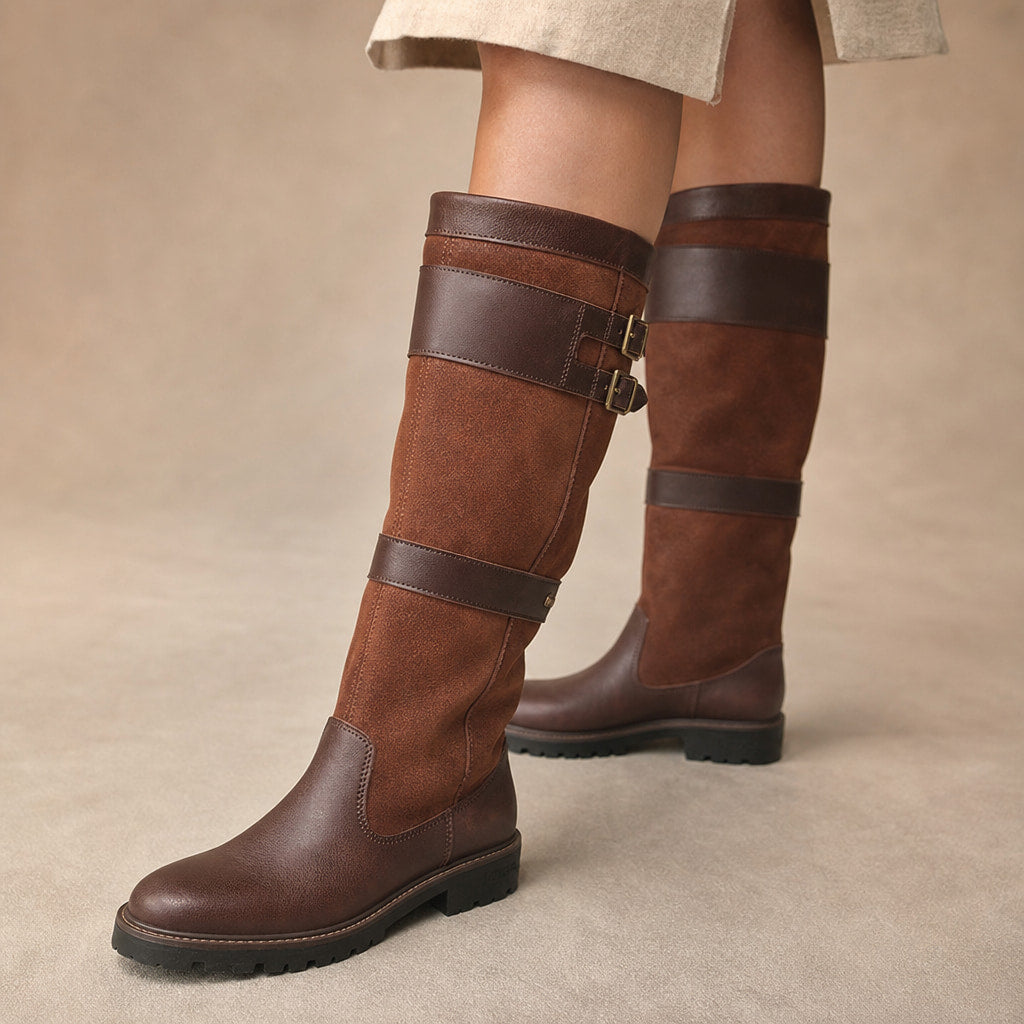 Mariela Water Resistant Buckled Knee High Boots in Brown – Mampierimoda Premium Womenswear
