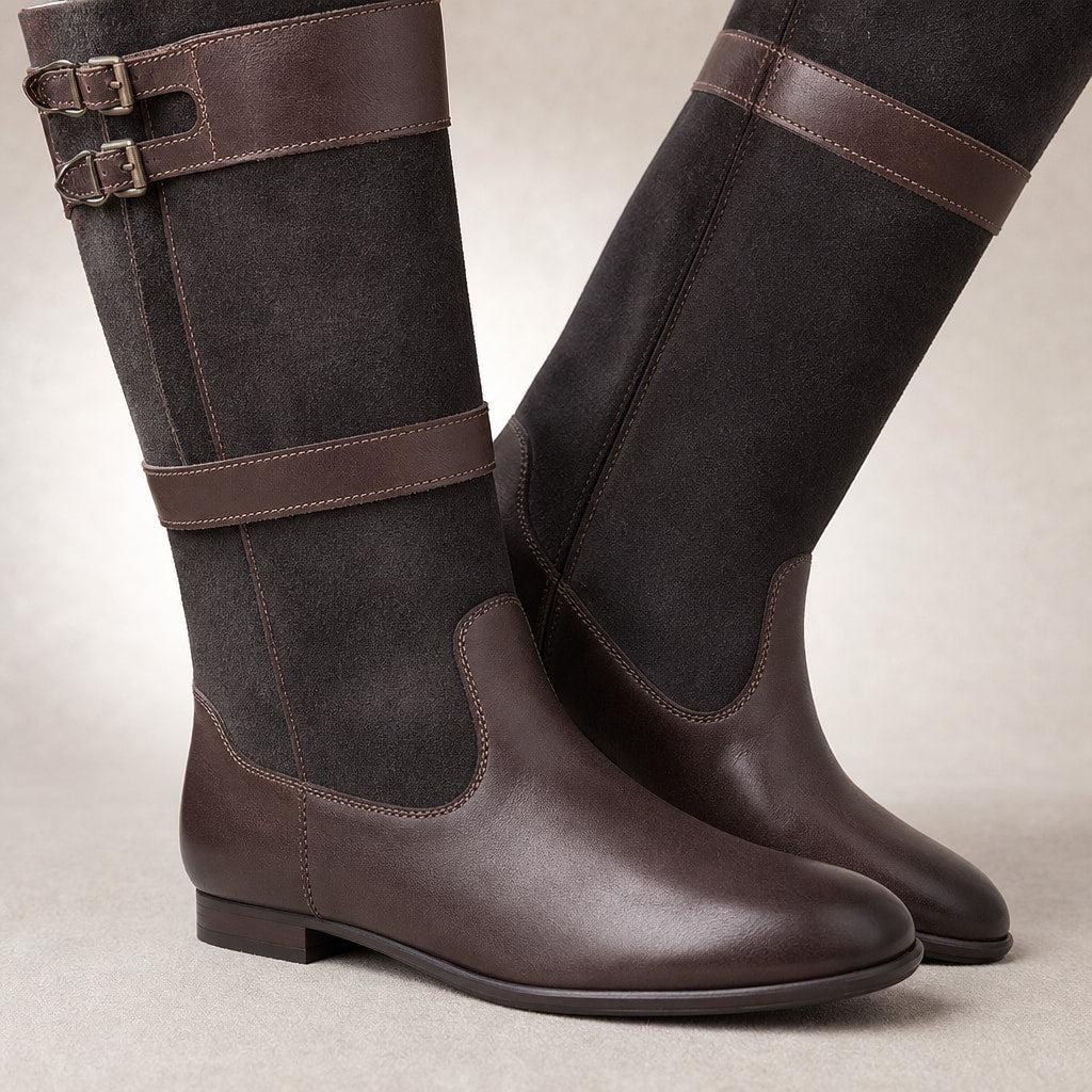 Mariela Water Resistant Buckled Knee High Boots Coffee – Fabric and Detail Close-Up