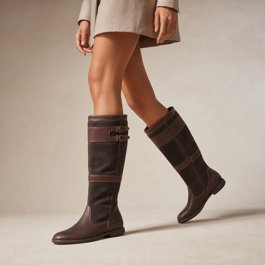 Mariela Water Resistant Buckled Knee High Boots Coffee – Product Photo