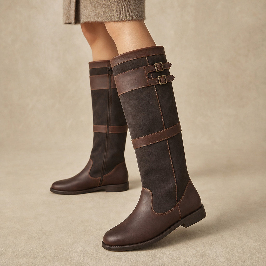 Mariela Water Resistant Buckled Knee High Boots in Coffee – Mampierimoda Premium Womenswear