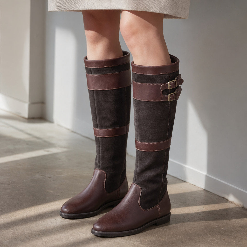 Mariela Water Resistant Buckled Knee High Boots Coffee – Styled Editorial Shot, Detail
