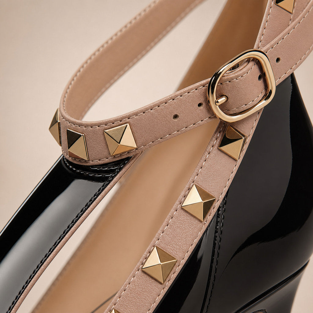 Martina Gold Studded Patent Pumps Black – Fabric and Detail Close-Up
