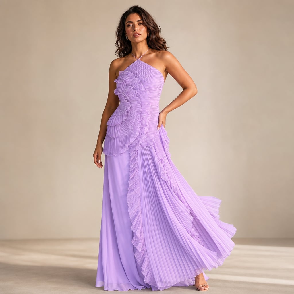 Maxi Dress Women Ruffle Halter Pleated Asymmetric Evening Dress Purple – Side Angle View