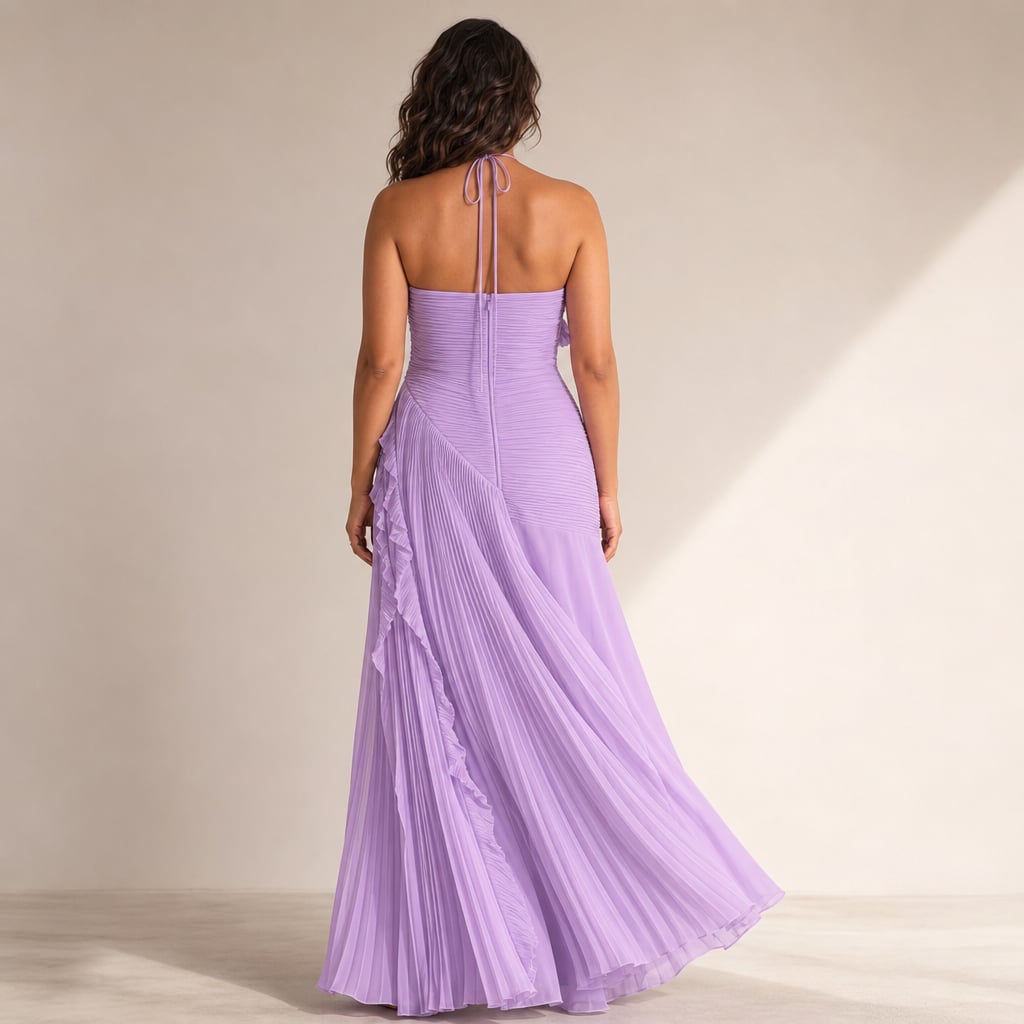 Maxi Dress Women Ruffle Halter Pleated Asymmetric Evening Dress Purple – Full Look