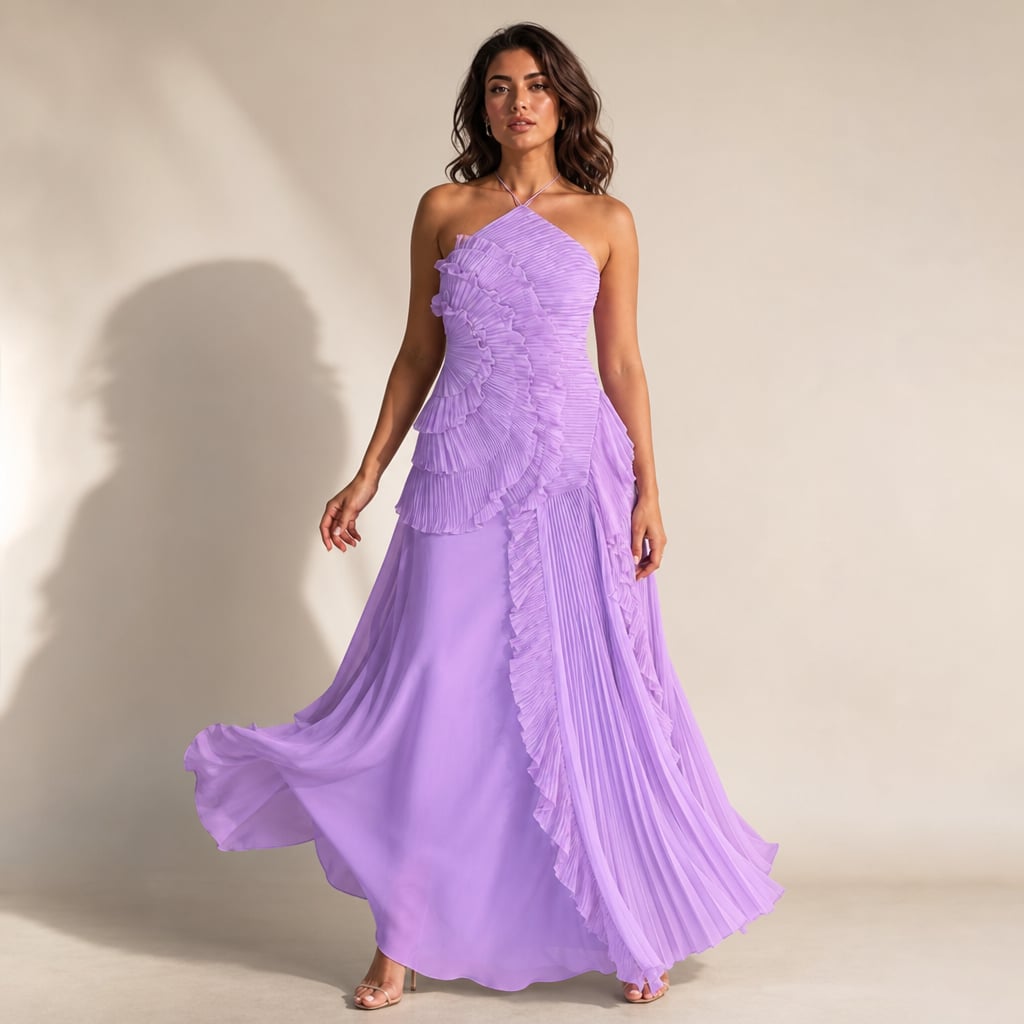 Maxi Dress Women Ruffle Halter Pleated Asymmetric Evening Dress Purple – Product Photo
