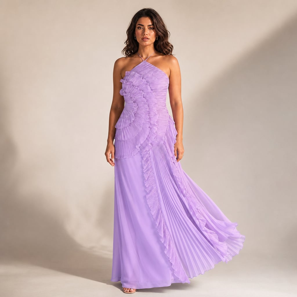 Maxi Dress Women Ruffle Halter Pleated Asymmetric Evening Dress in Purple – Mampierimoda Premium Womenswear