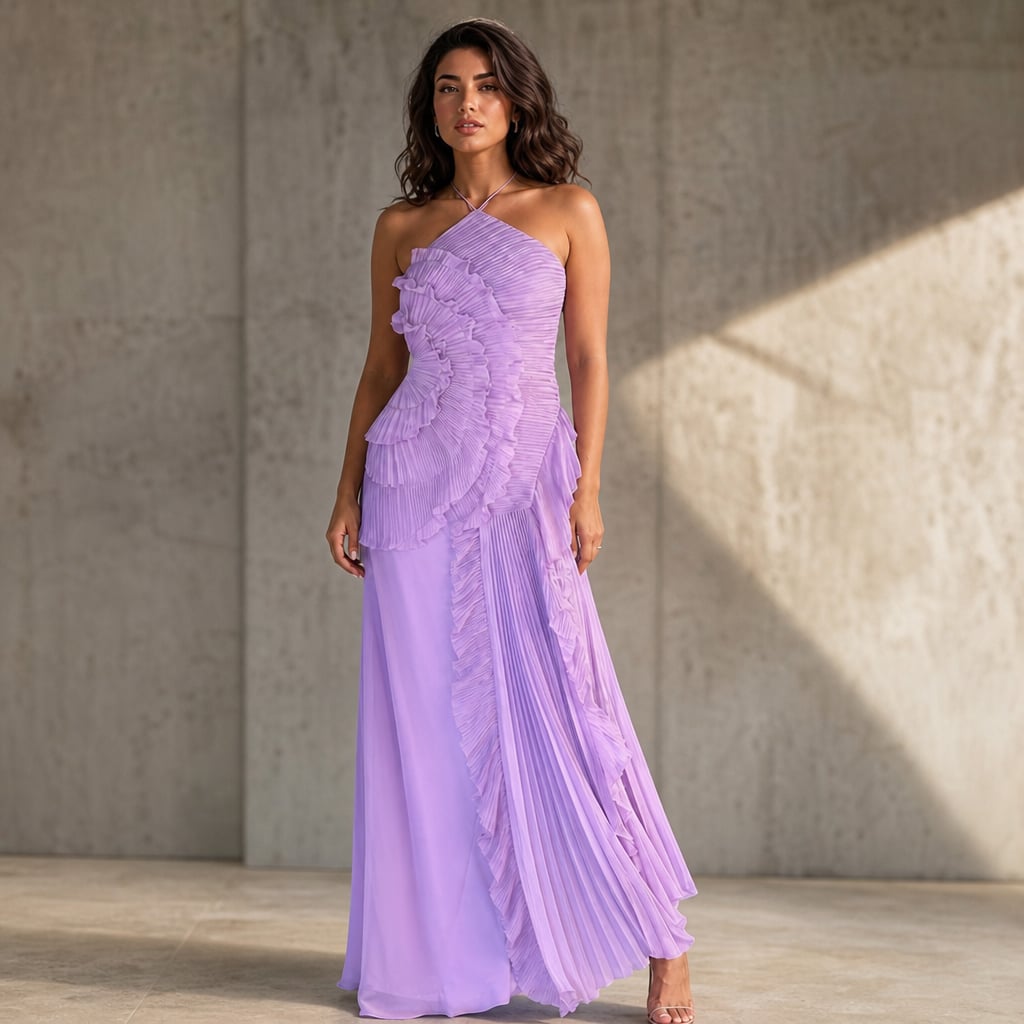 Maxi Dress Women Ruffle Halter Pleated Asymmetric Evening Dress Purple – Styled Editorial Shot