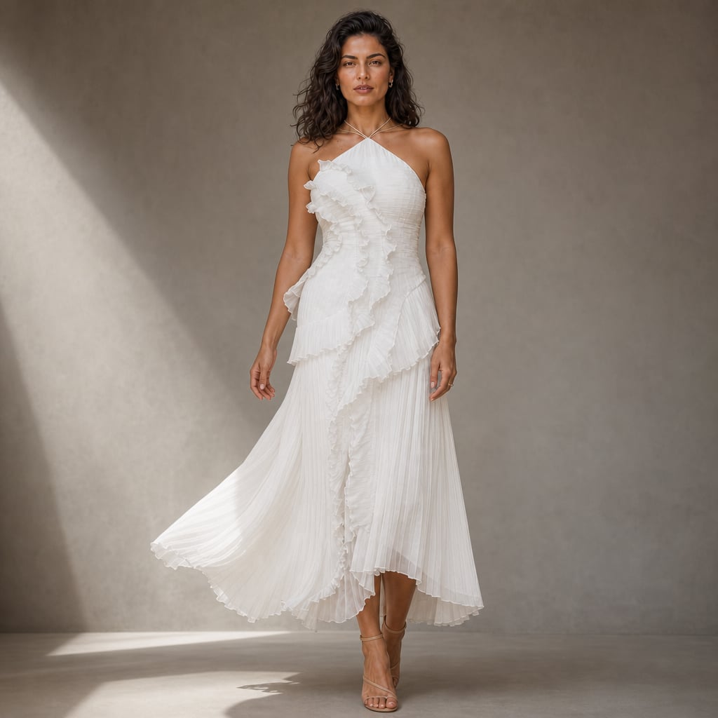 Maxi Dress Women Ruffle Halter Pleated Asymmetric Evening Dress White – Product Photo