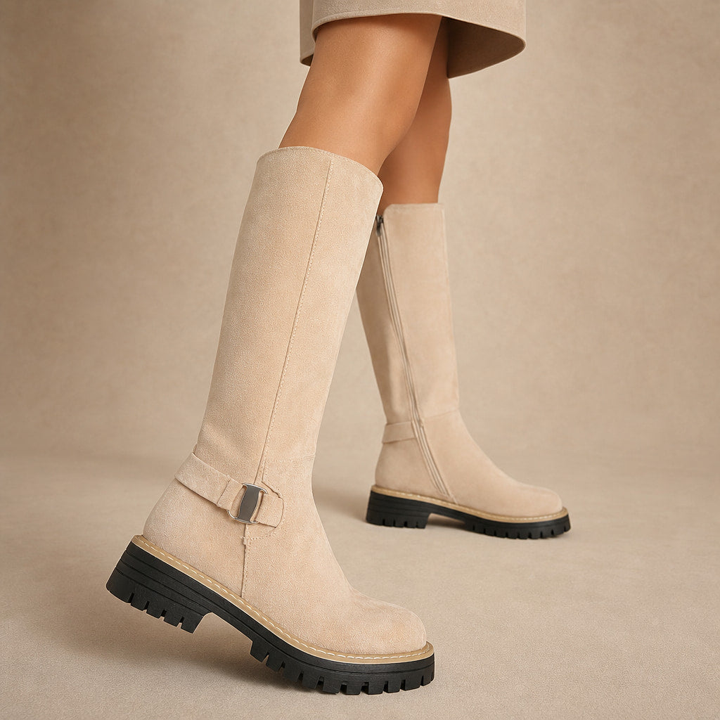 Chic And Versatile Low Block Heel Knee High Boots Beige – Product Photo