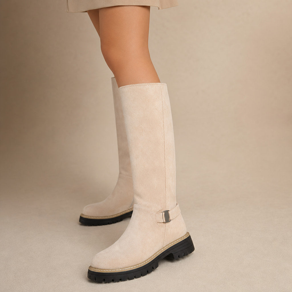 Chic And Versatile Low Block Heel Knee High Boots in Beige – Mampierimoda Premium Womenswear