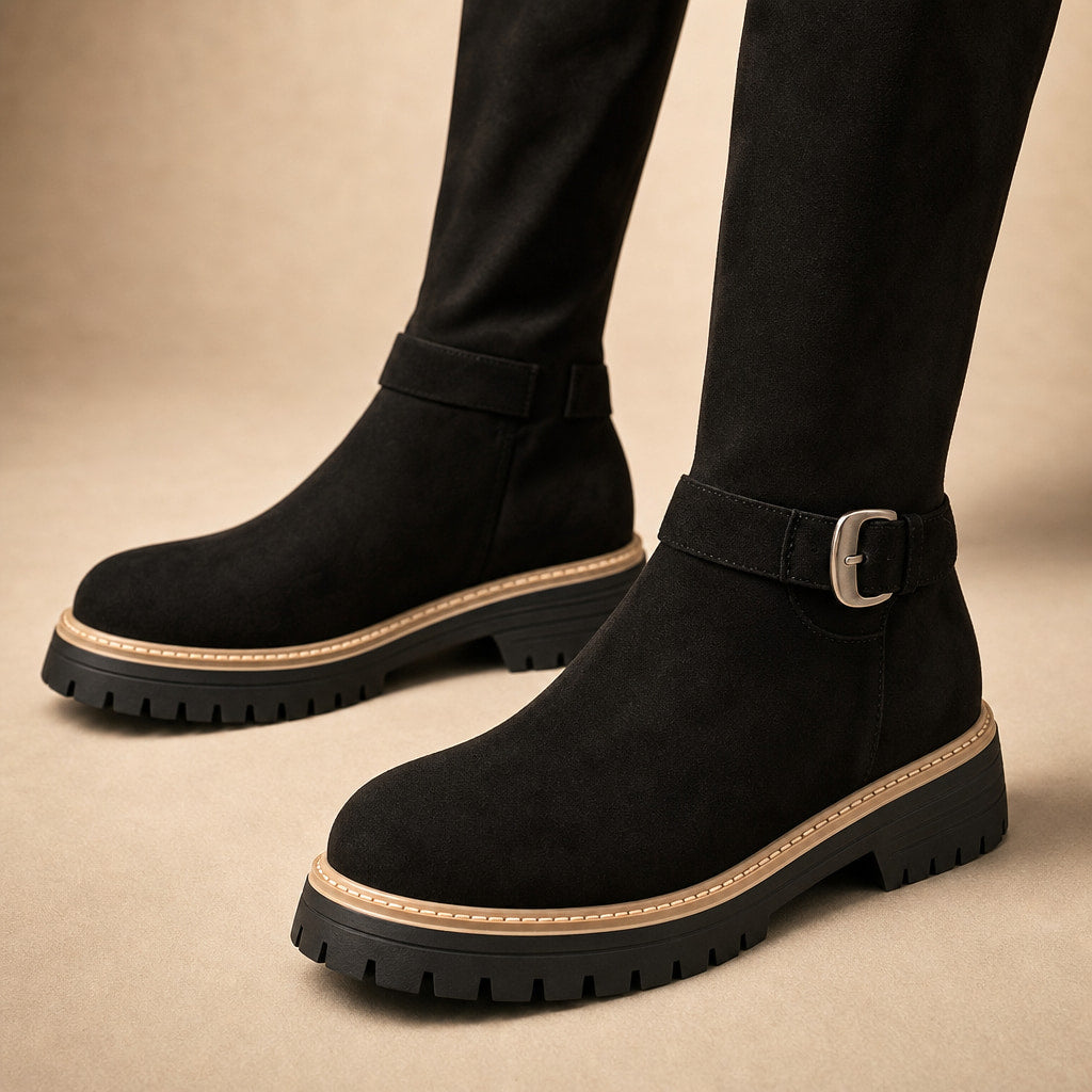 Chic And Versatile Low Block Heel Knee High Boots Black – Fabric and Detail Close-Up