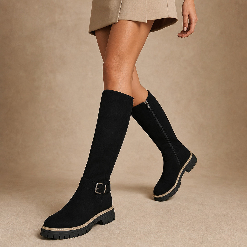 Chic And Versatile Low Block Heel Knee High Boots Black – Product Photo