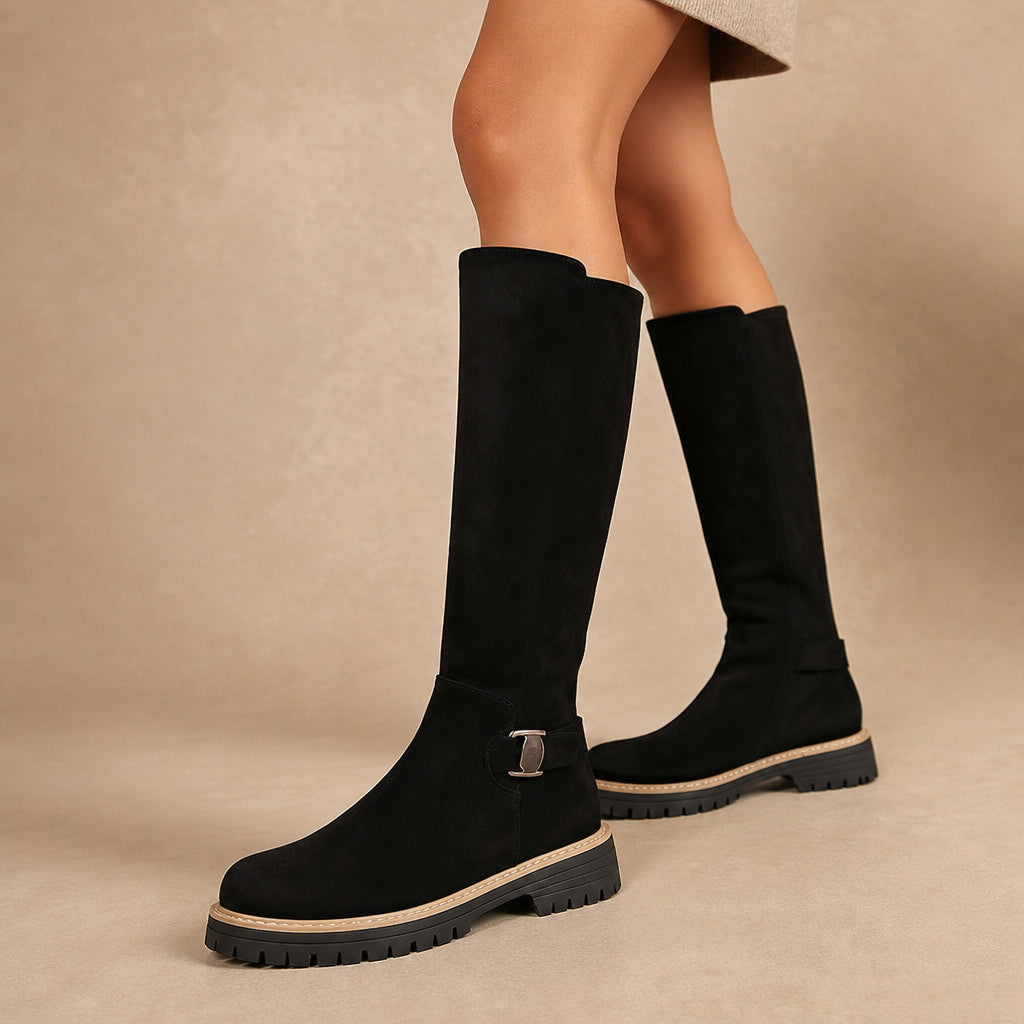 Chic And Versatile Low Block Heel Knee High Boots in Black – Mampierimoda Premium Womenswear