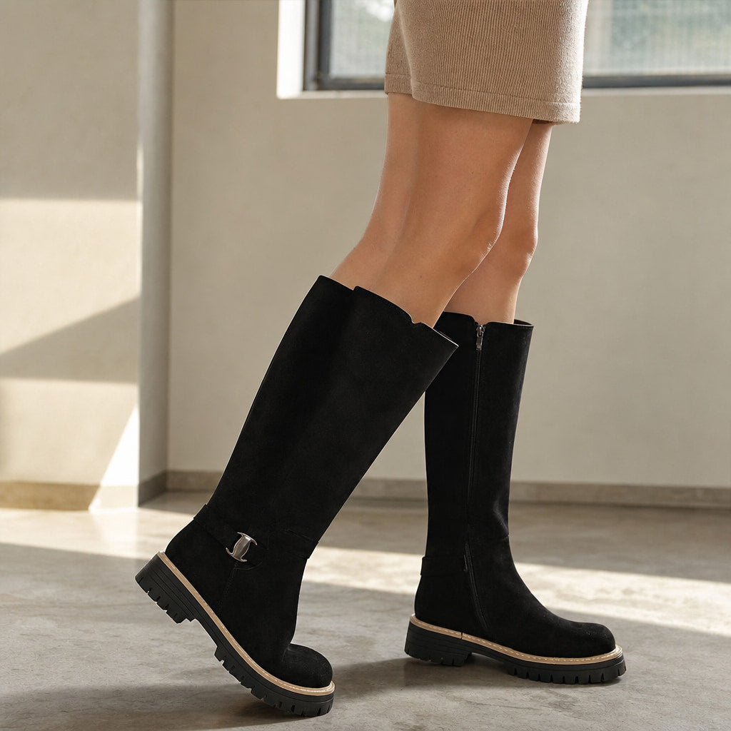 Chic And Versatile Low Block Heel Knee High Boots Black – Styled Editorial Shot, Detail