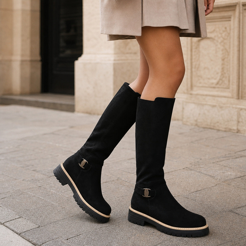 Chic And Versatile Low Block Heel Knee High Boots Black – Styled Editorial Shot