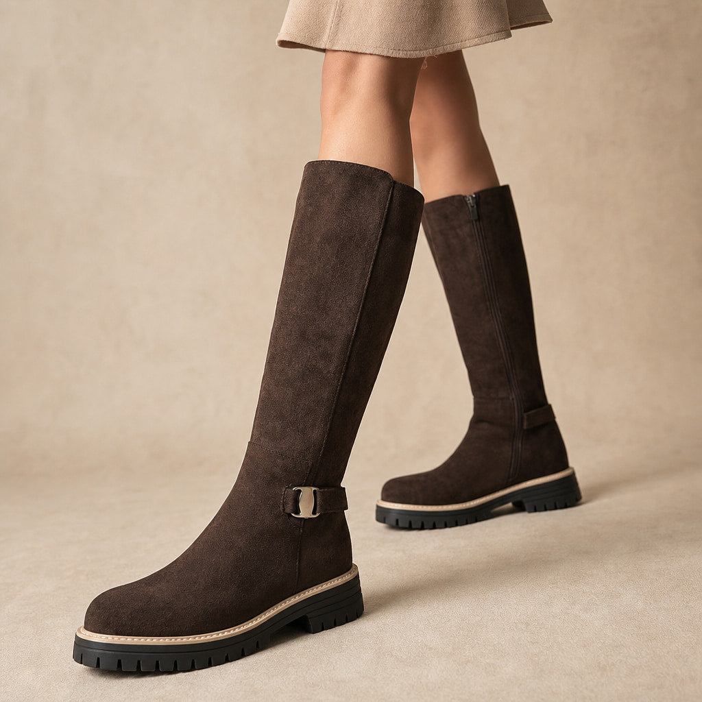 Chic And Versatile Low Block Heel Knee High Boots Coffee – Product Photo