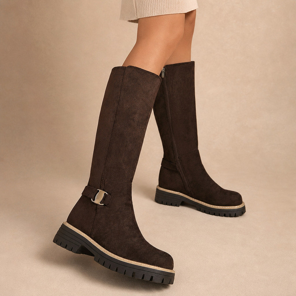 Chic And Versatile Low Block Heel Knee High Boots in Coffee – Mampierimoda Premium Womenswear
