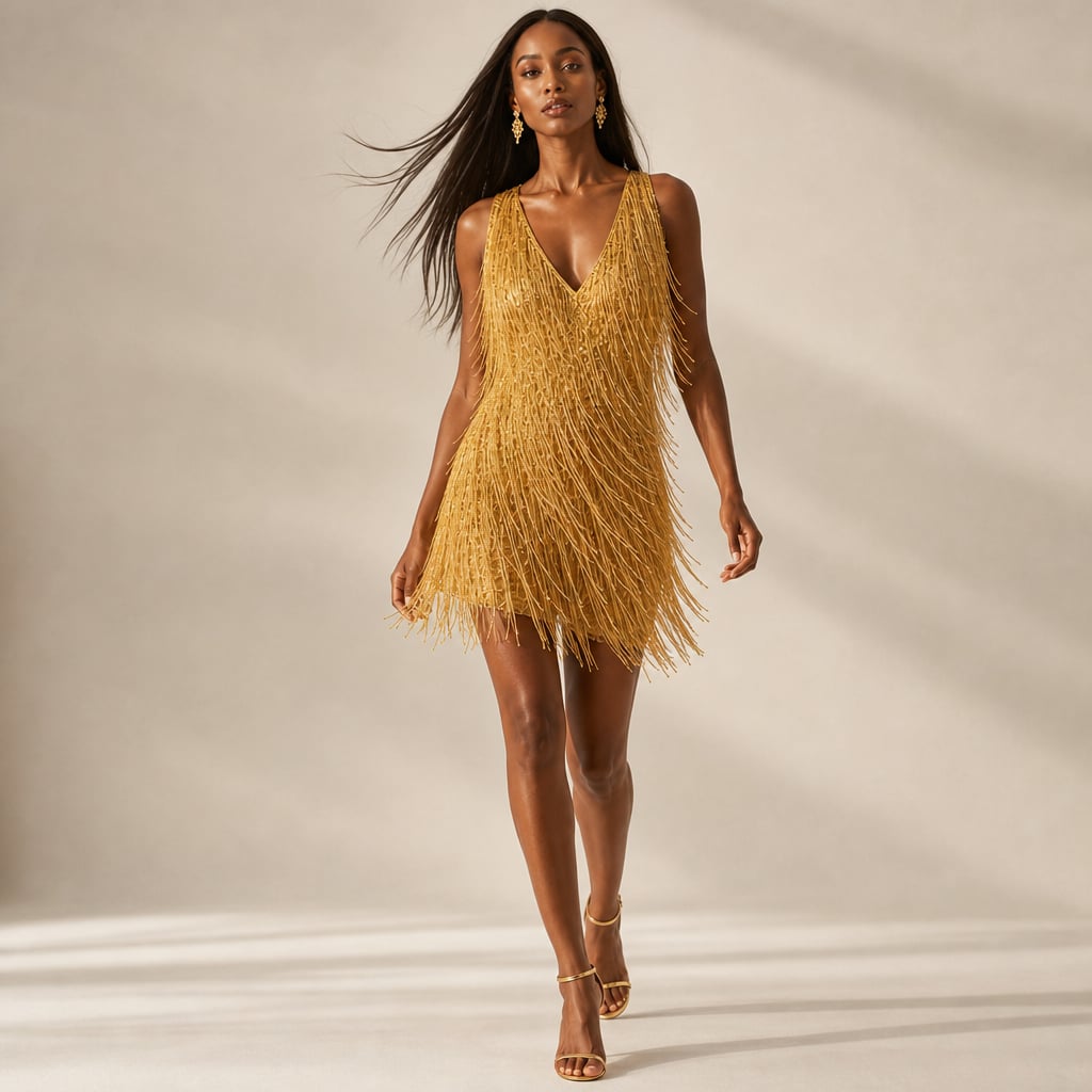 Mini Dress for Women Sequin Fringe Tiered V-Neck Cocktail Party Dress Gold – Product Photo