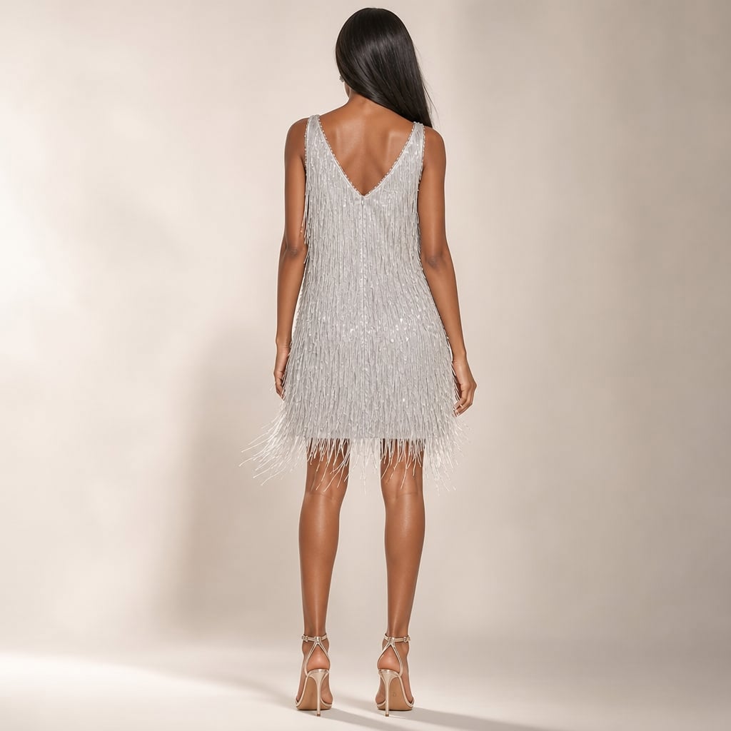 Mini Dress for Women Sequin Fringe Tiered V-Neck Cocktail Party Dress Silver – Full Look