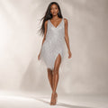 Mini Dress for Women Sequin Fringe Tiered V-Neck Cocktail Party Dress Silver – Product Photo
