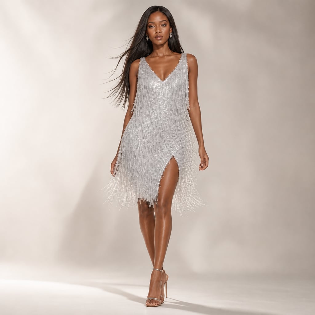 Mini Dress for Women Sequin Fringe Tiered V-Neck Cocktail Party Dress Silver – Product Photo