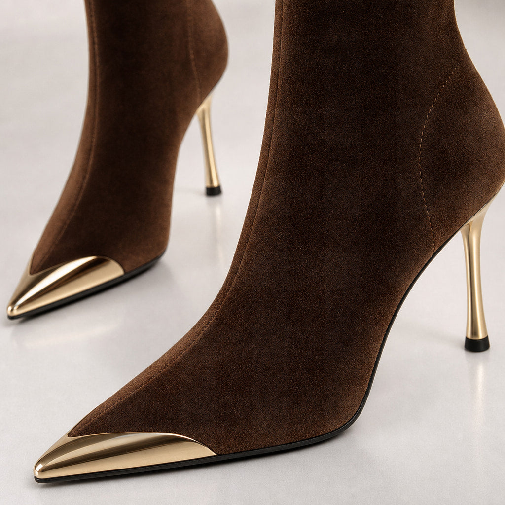 Modesta Gold Toe Cap Stiletto Ankle Boots Chestnut – Fabric and Detail Close-Up