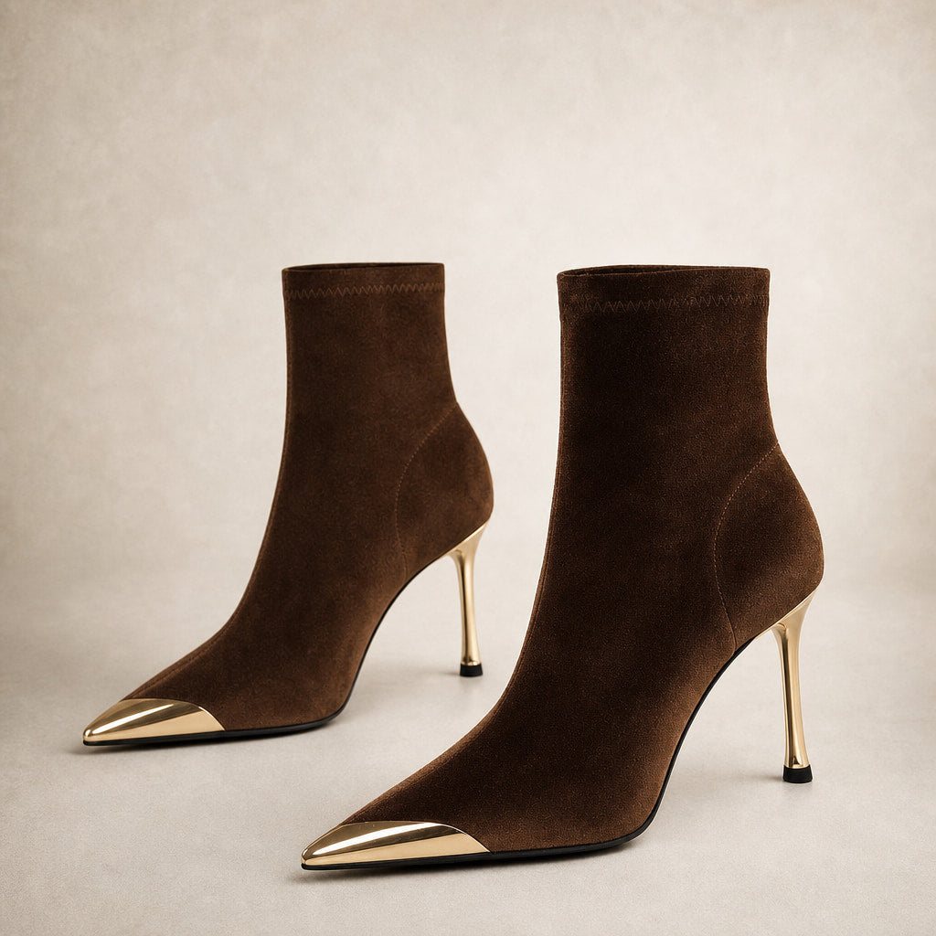 Modesta Gold Toe Cap Stiletto Ankle Boots Chestnut – Full Look