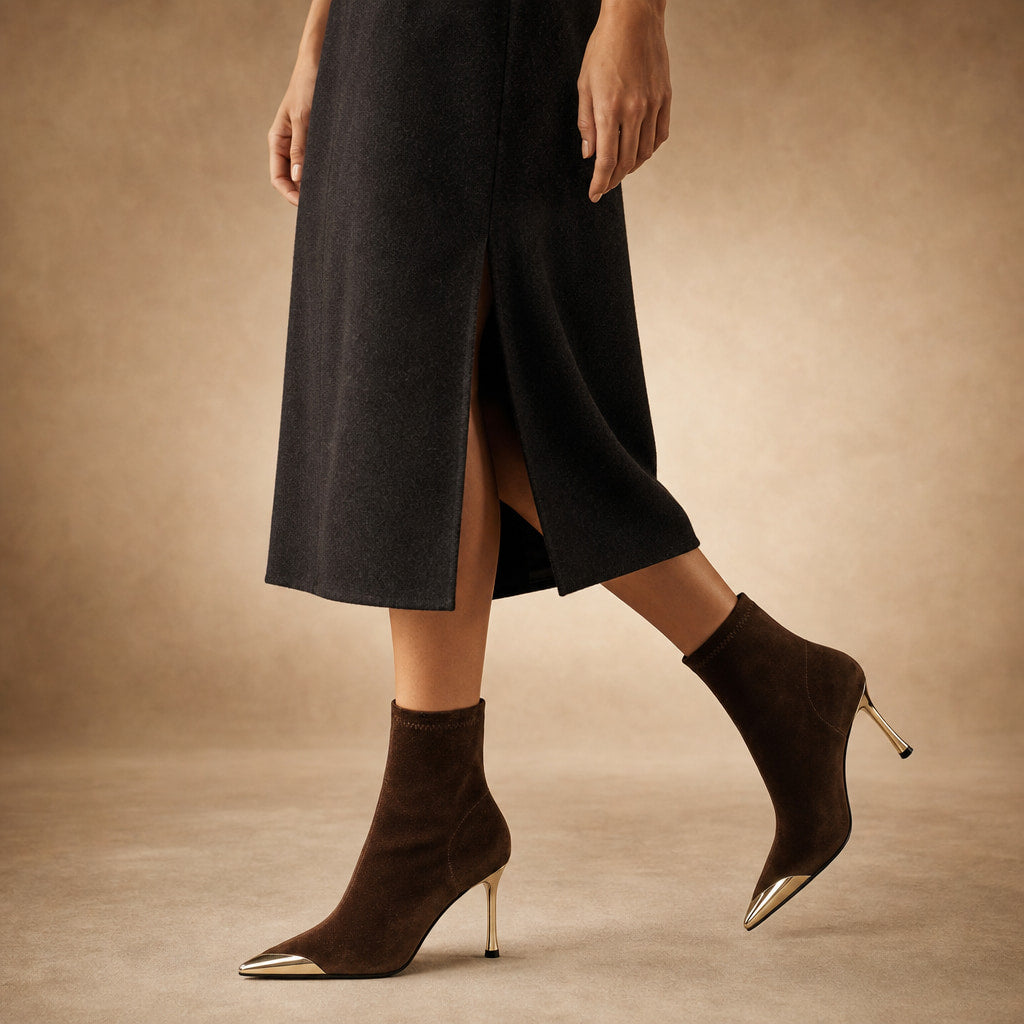 Modesta Gold Toe Cap Stiletto Ankle Boots Chestnut – Product Photo