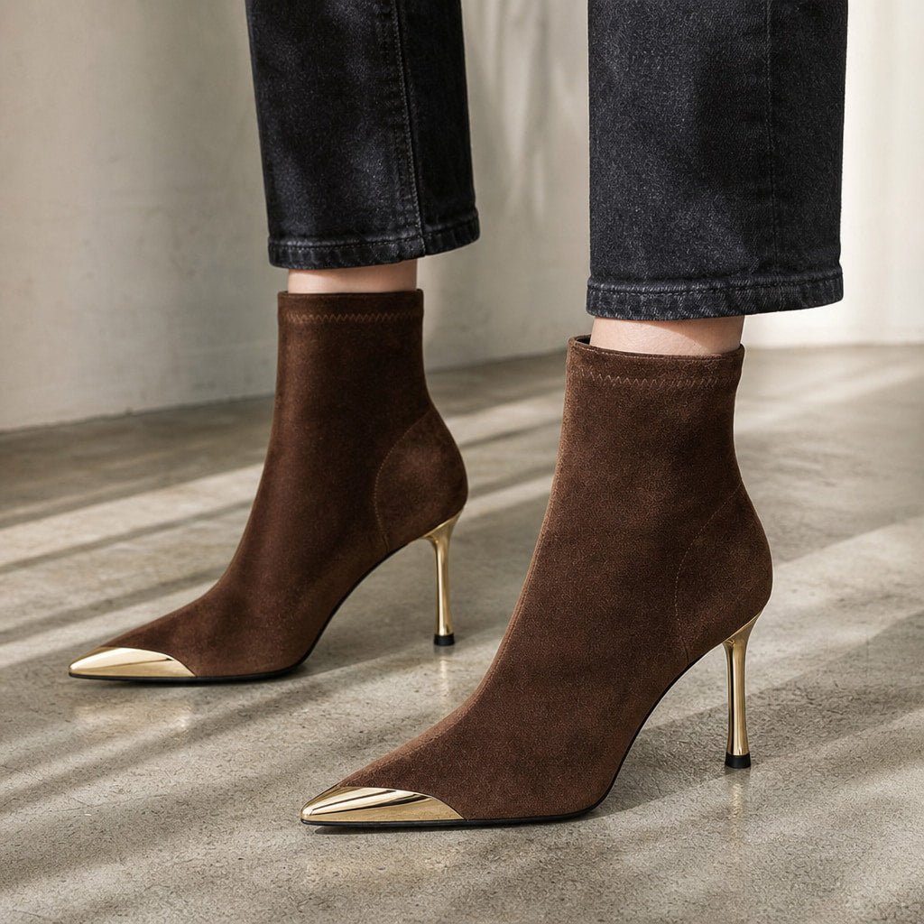 Modesta Gold Toe Cap Stiletto Ankle Boots Chestnut – Styled Editorial Shot, Detail
