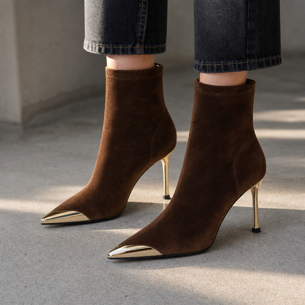 Modesta Gold Toe Cap Stiletto Ankle Boots Chestnut – Styled Editorial Shot, Detail
