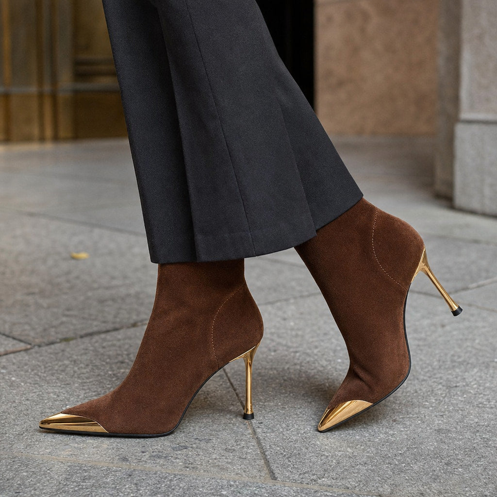 Modesta Gold Toe Cap Stiletto Ankle Boots Chestnut – Styled Editorial Shot