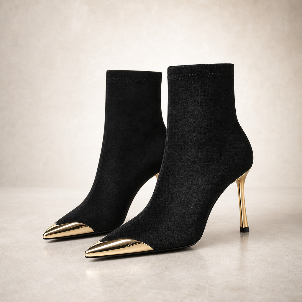 Modesta Gold Toe Cap Stiletto Ankle Boots Onyx – Product Photo