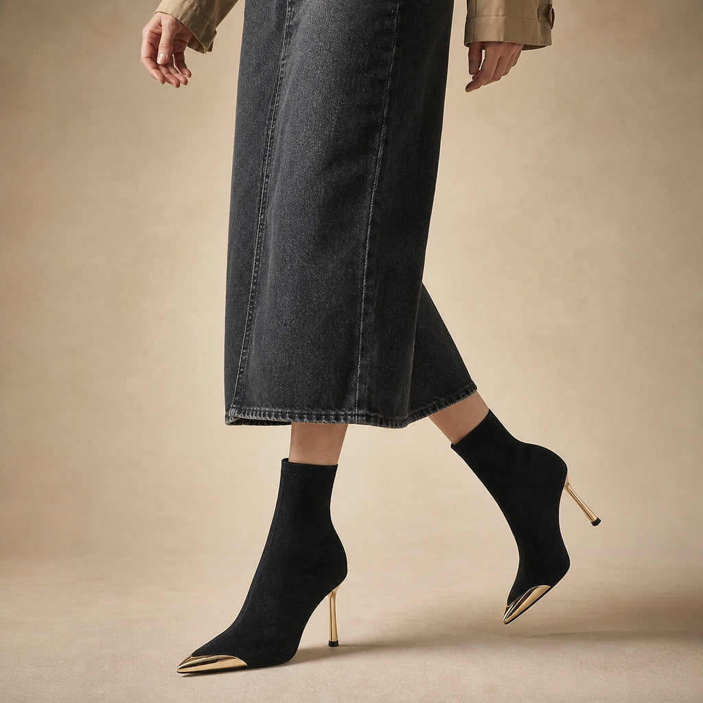 Modesta Gold Toe Cap Stiletto Ankle Boots Onyx – Product Photo