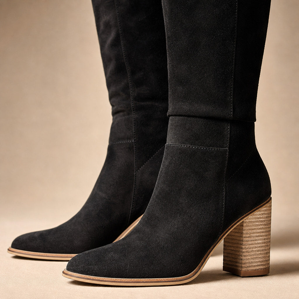 Natasha - Women's Knee High Tall Boots Black – Fabric and Detail Close-Up