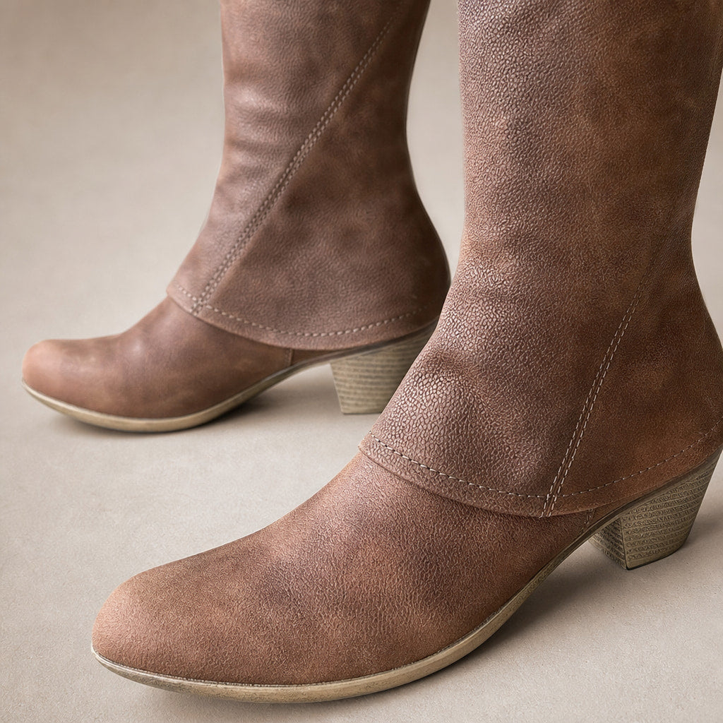 Noreen - Women's Mid-Calf Side-Zip Boots with Stacked Heel Brown – Fabric and Detail Close-Up