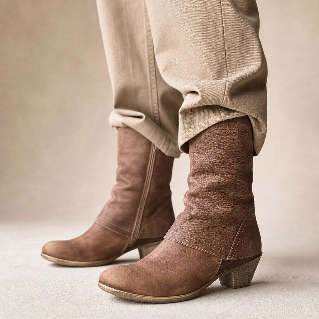 Noreen - Women's Mid-Calf Side-Zip Boots with Stacked Heel in Brown – Mampierimoda Premium Womenswear
