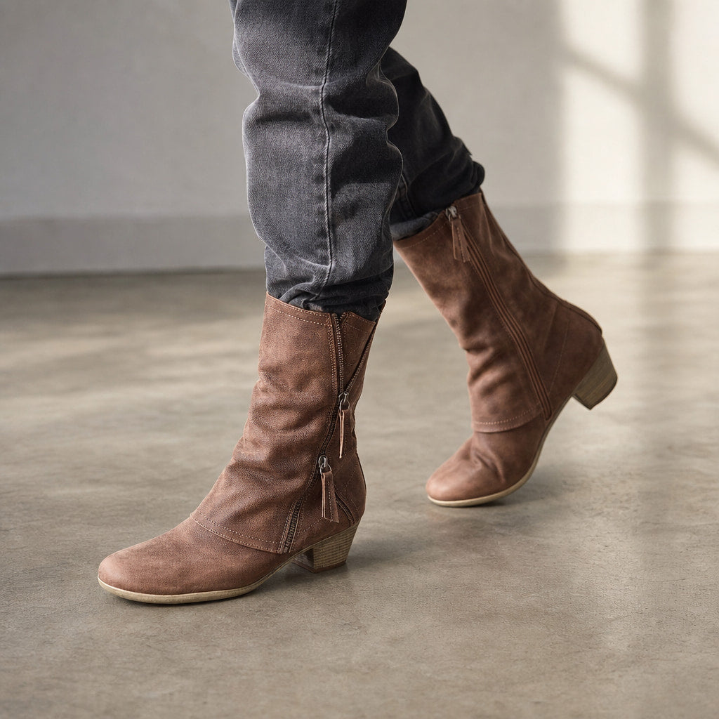 Noreen - Women's Mid-Calf Side-Zip Boots with Stacked Heel Brown – Styled Editorial Shot, Detail