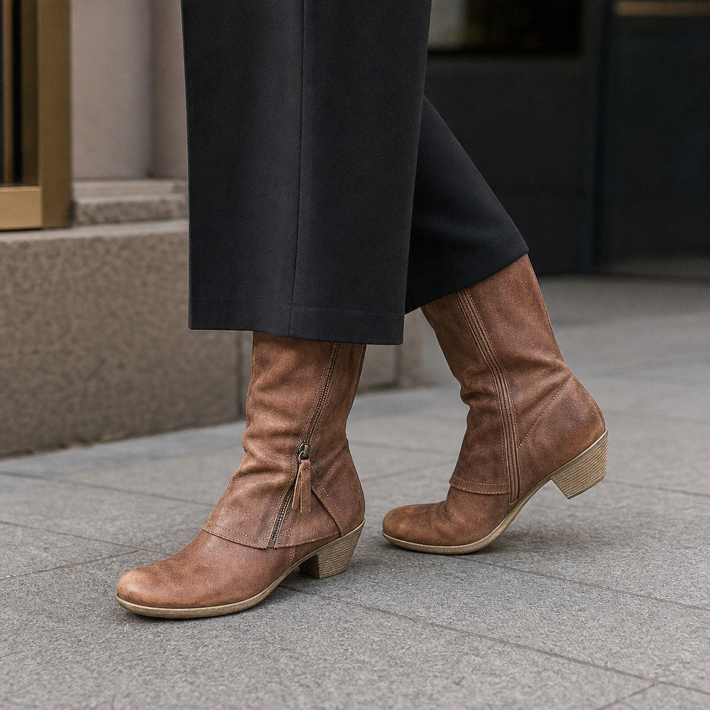 Noreen - Women's Mid-Calf Side-Zip Boots with Stacked Heel Brown – Styled Editorial Shot
