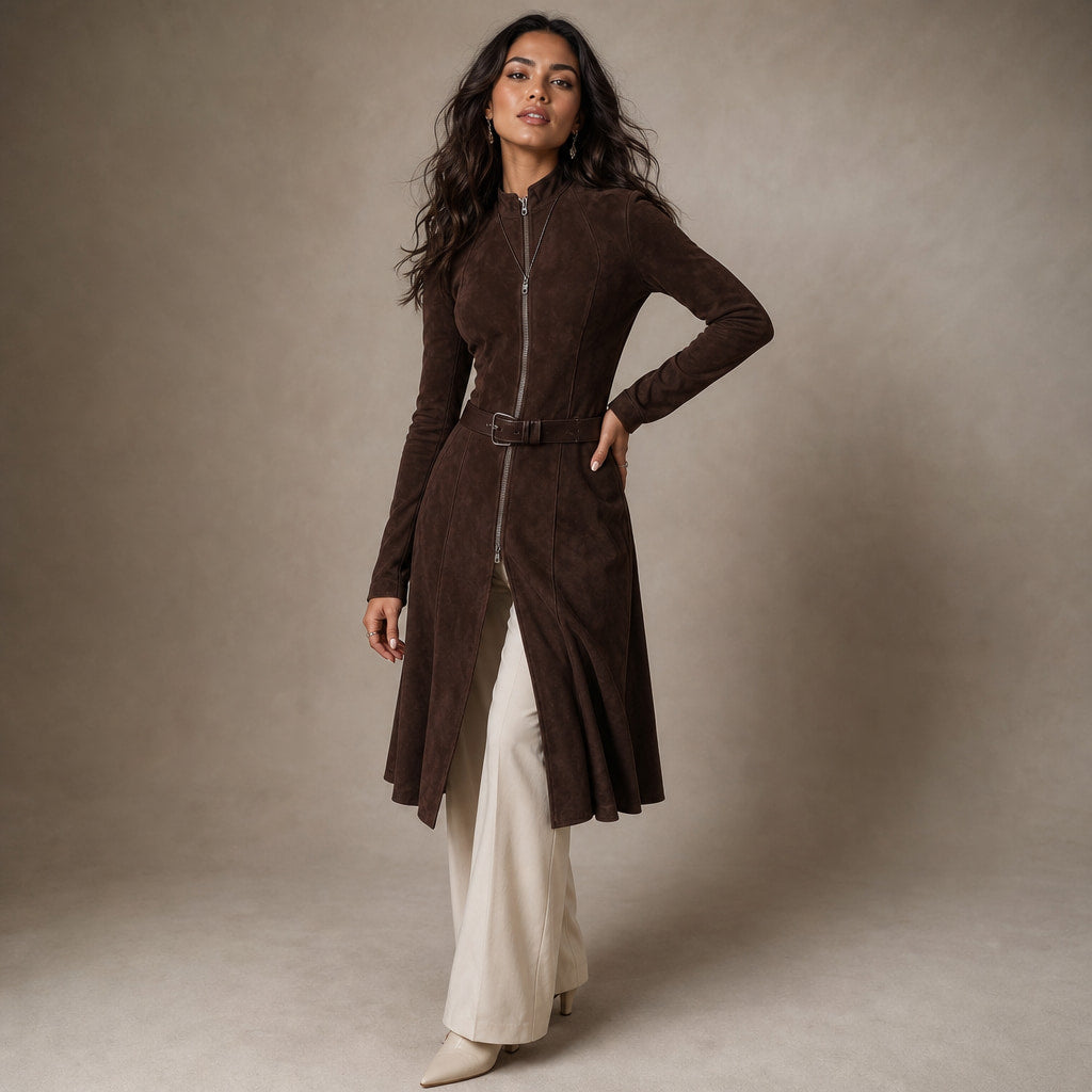 NOREVA - Stylish Tailored Dress in Suede Look Brown – Side Angle View