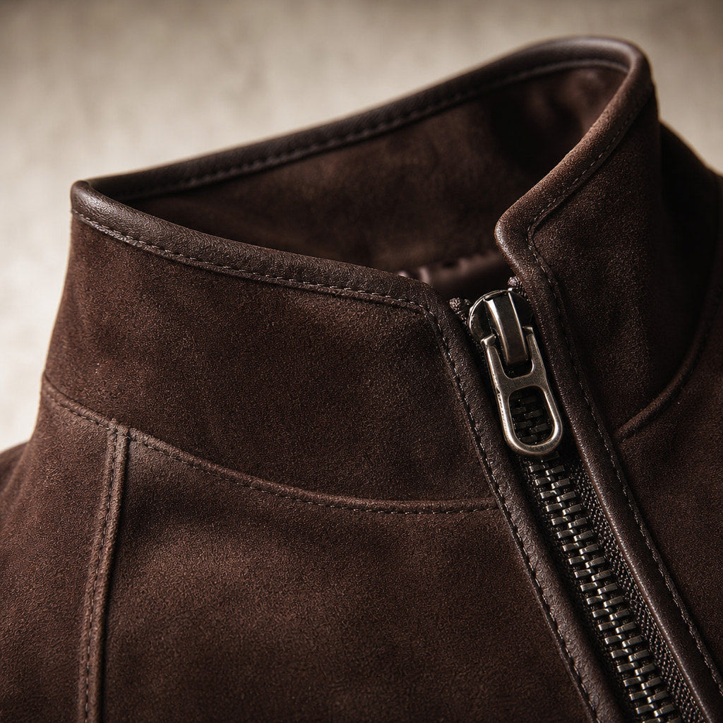 NOREVA - Stylish Tailored Dress in Suede Look Brown – Fabric and Detail Close-Up