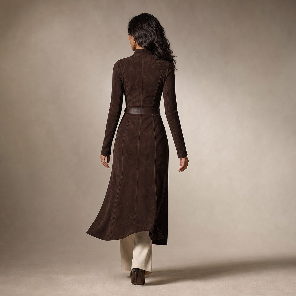 NOREVA - Stylish Tailored Dress in Suede Look Brown – Full Look