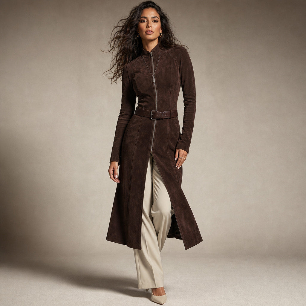 NOREVA - Stylish Tailored Dress in Suede Look Brown – Product Photo