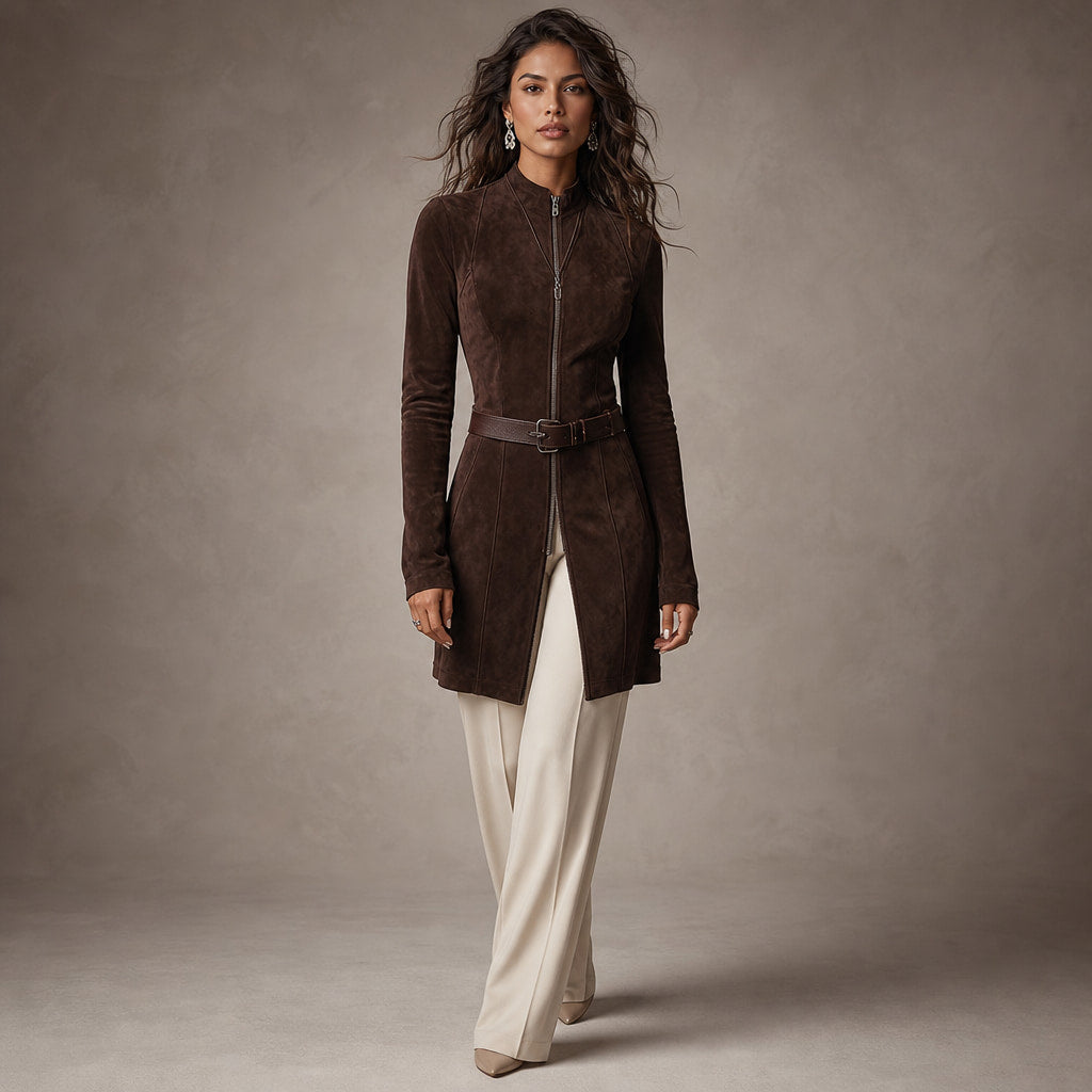 NOREVA - Stylish Tailored Dress in Suede Look in Brown – Mampierimoda Premium Womenswear