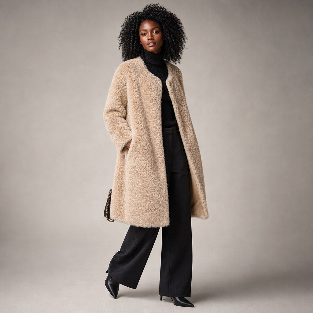 Olivia Couture Shearling Coat Khaki Beige – Side Angle View
