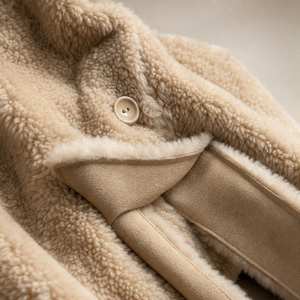 Olivia Couture Shearling Coat Khaki Beige – Fabric and Detail Close-Up