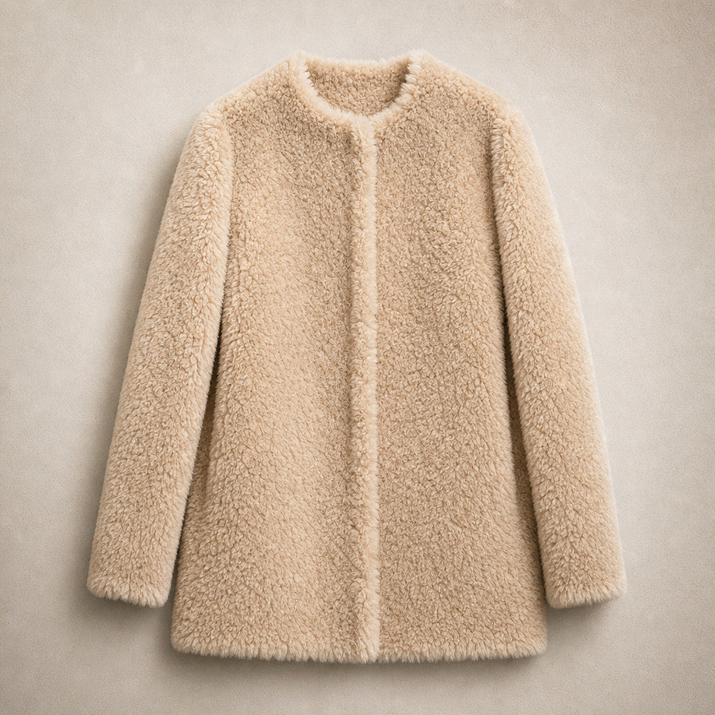 Olivia Couture Shearling Coat Khaki Beige – Flat Lay Product Photo