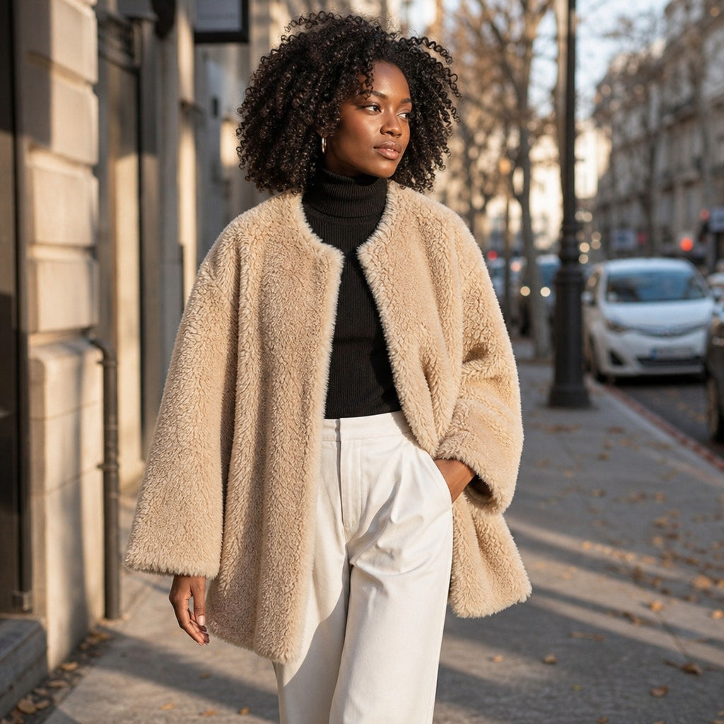 Olivia Couture Shearling Coat Khaki Beige – Styled Editorial Shot