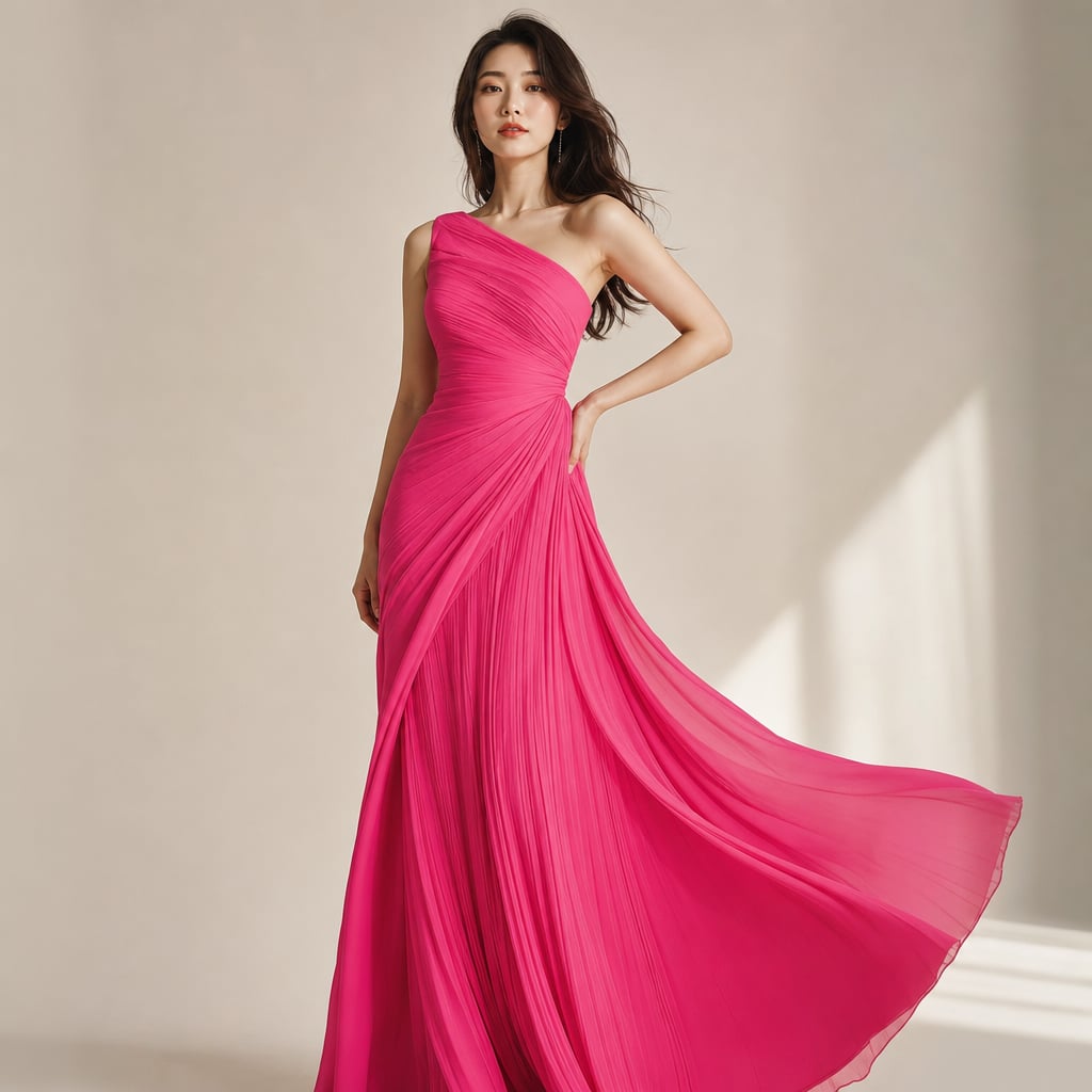 One Shoulder Pleated Maxi Dress Wedding Guest Pink – Side Angle View