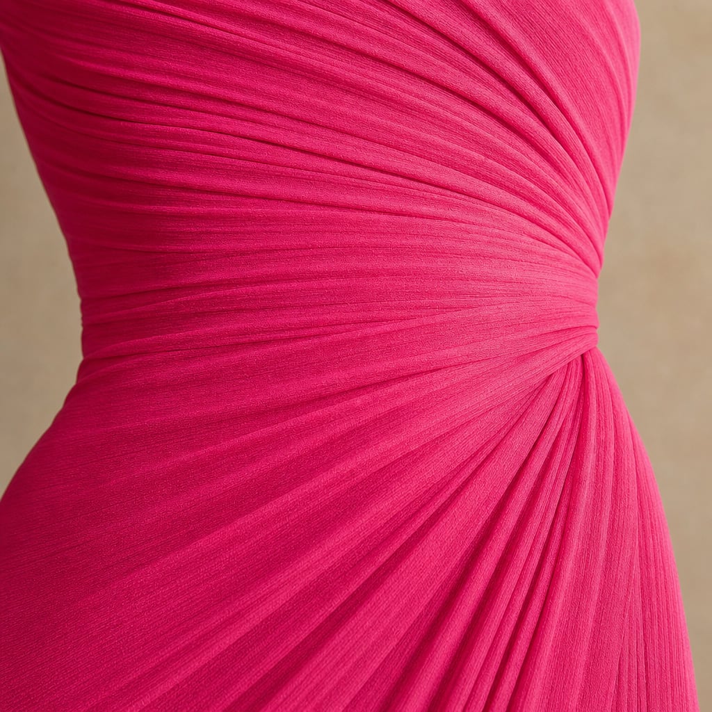 One Shoulder Pleated Maxi Dress Wedding Guest Pink – Fabric and Detail Close-Up